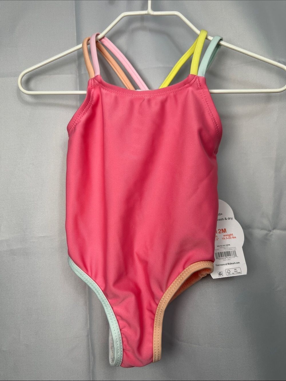 Wonder Nation pink melon one piece swim with pastel rainbow straps size 12 m